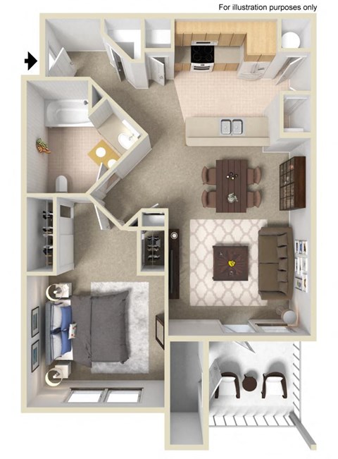 Floor plan for 1 bed, 1 bath, 776 sqft